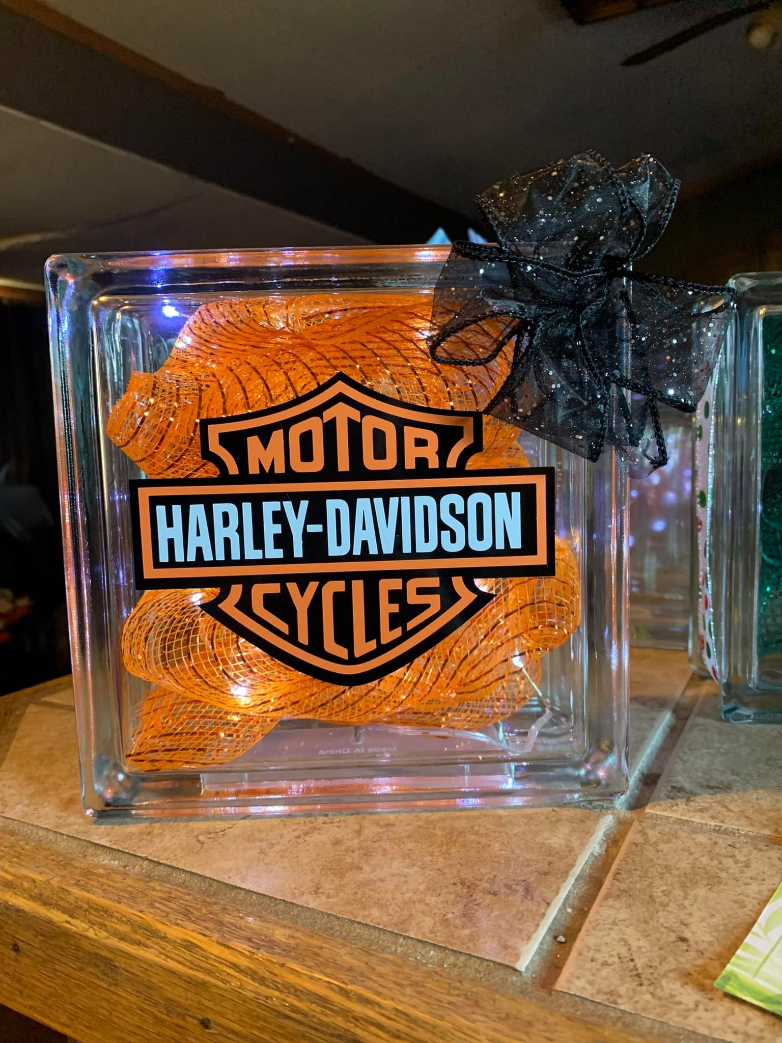 Harley Davidson Motorcycles Cube Block Glass Orange Light 2024 8”x8” Christmas TESTED